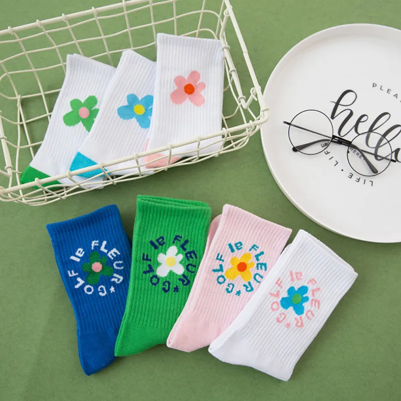 

Japanese Korean Middle Calf Crew Fashion Golf Flower Women Socks Cotton Elastic Breathable Casual Harajuku Kawaii Socks Unise