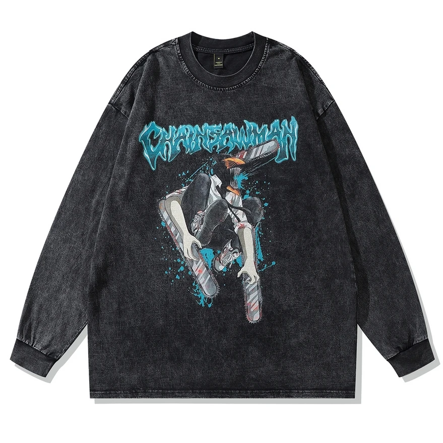 

Футболка мужская оверсайз с длинным рукавом, винтажная хлопковая тенниска в стиле хип-хоп, уличная одежда в стиле Харадзюку, с японским аним...