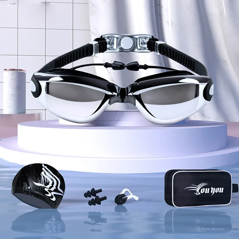 HD Waterproof anti-fog Swimming Glasses Men And Women Adult Eye Fashion Swim Goggle Swim Cap Set Water Sport Swimming