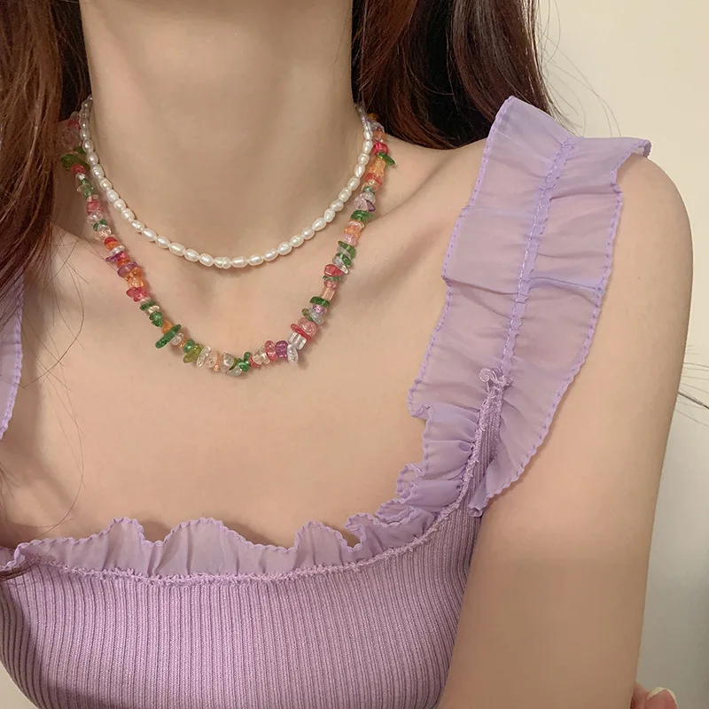 

Minar Boho Colorful Irregular Crystal Stone Strand Chains Necklaces for Women Freshwater Pearl Pendant Chokers Necklace Jewelry