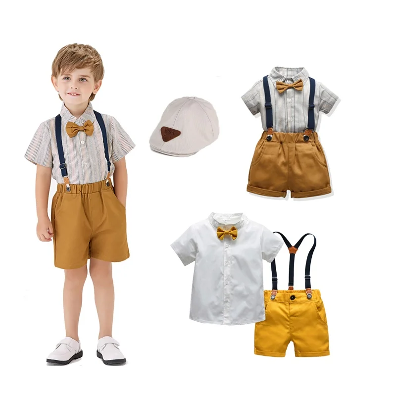 Baby Boy Clothes Set Birthday Outfit Formal Wedding Suit  Short Sleeve Shirts with Suspender Pants Gentleman Kids
