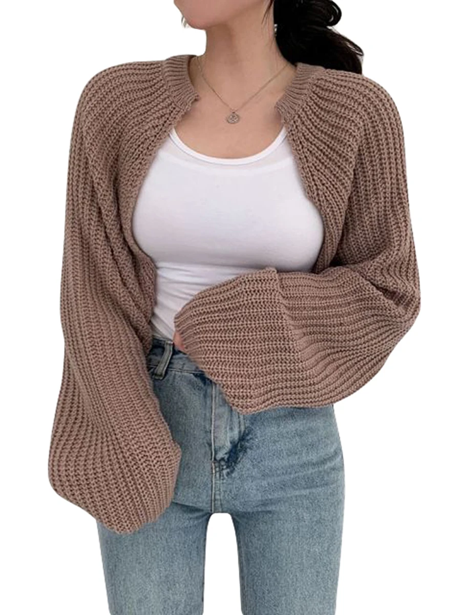 

Women Y2k Knit Crochet Long Sleeve Crop Top Bolero Cardigan Contrast Color Vintage Cropped Shrug Sweater