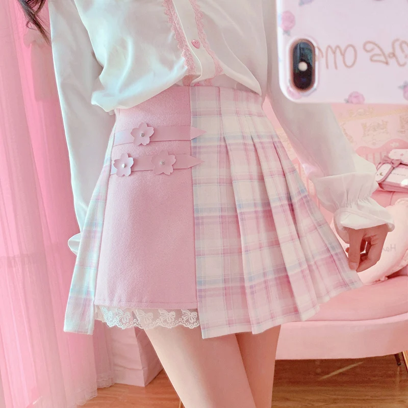 

Winter Kawaii Plaid Mini Skirt Women School Girl Lolita Korean High Waist Cute Pink A Line Pleated Aesthetic Tennis Short Skirts