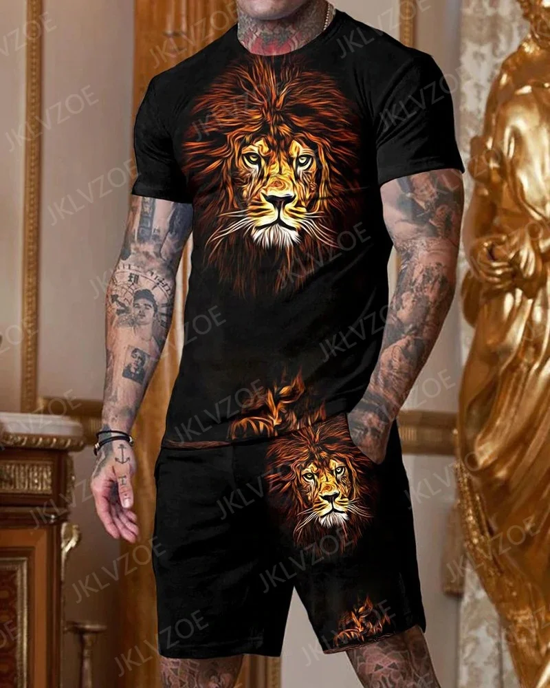 New Summer Men's Short Sleeve T Shirt Set 3D Lion Printing Daily Casual Sportswear Suit Jogging Clothing Oversized Tracksuit