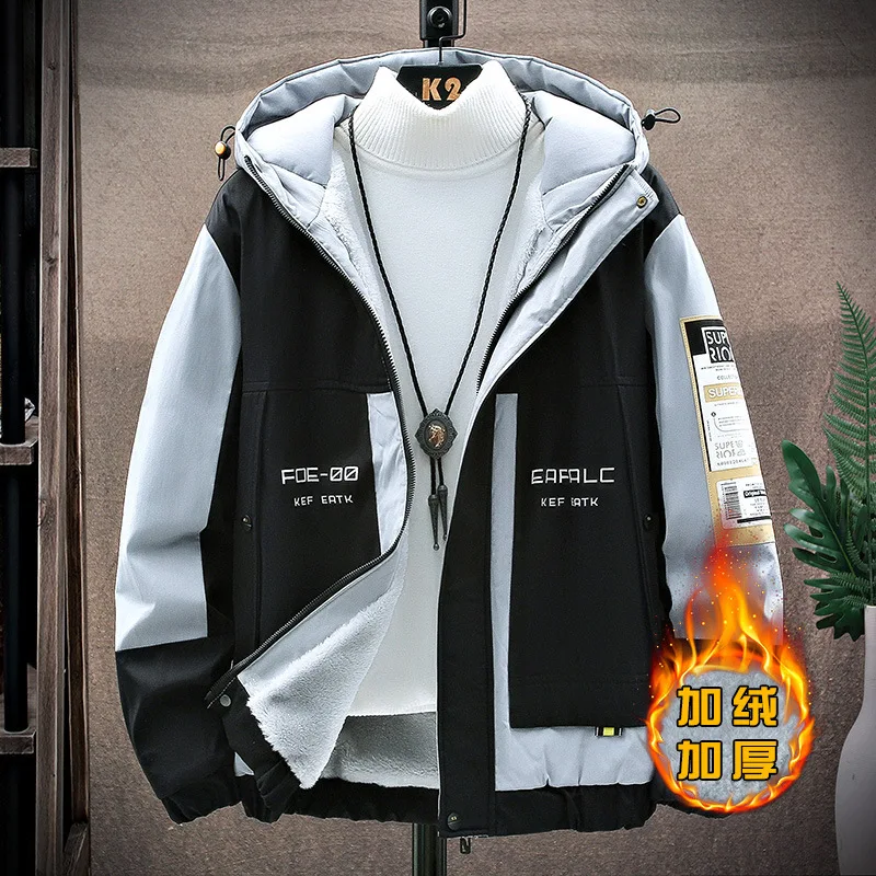 

Осенне-зимние мужские бархатные плотные хлопковые пальто уличные повседневные куртки с капюшоном трендовая подходящая цветная Теплая Фли...