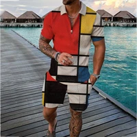 2022 summer new mens contrast color splicing suit street sports jogging zipper polo shirt short sleeve t shirt shorts suit