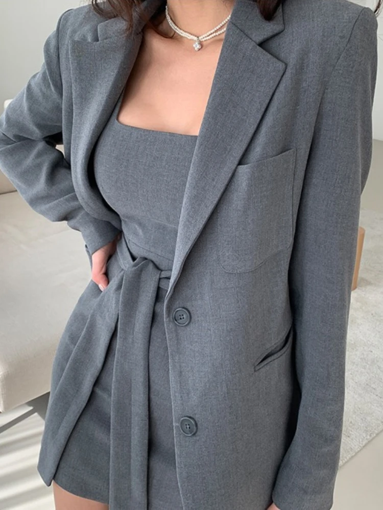 Women's Summer Elegant Casual Blazer Suit Long Sleeve Jacket+Bodycon Mini Strap Dress 2 Piece Set Female Fashion Korean Outfits