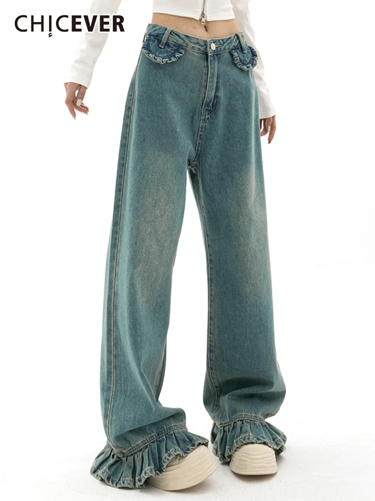 

CHICEVER/осенние джинсы для женщин с высокой талией, лоскутные пуговицы, складки, прямые винтажные широкие брюки, женский модный стиль