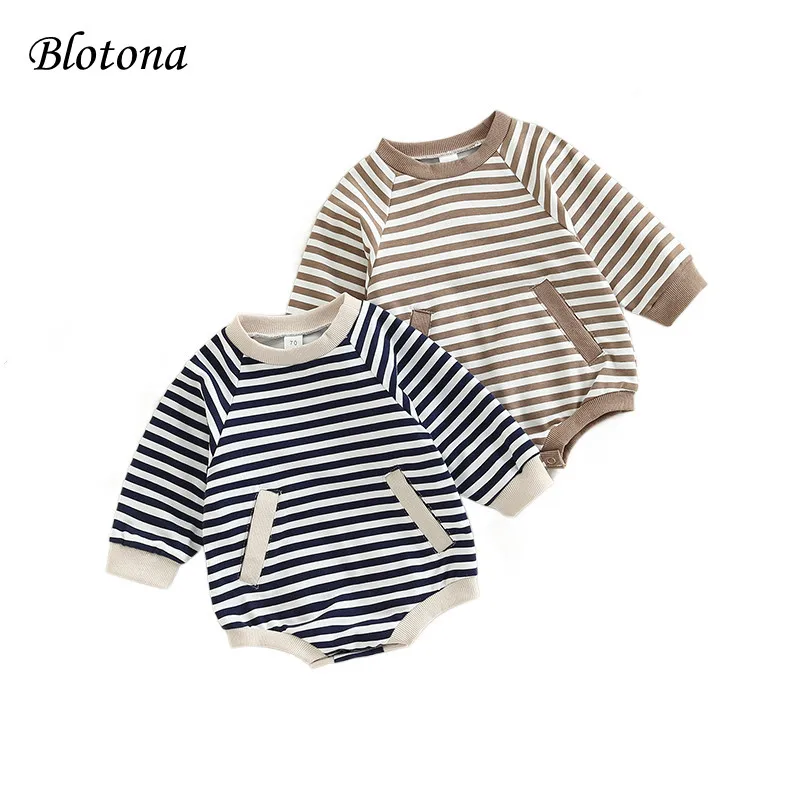 

Комбинезон для младенцев Blotona, комбинезон в полоску с круглым вырезом и длинными рукавами, с карманами, весенний и осенний наряд для девочек и мальчиков, 3-24 месяца