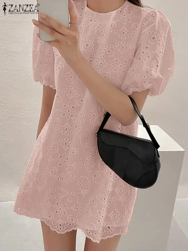 

ZANZEA Stylish Short Puff Sleeve Mini Sundress Round Neck Lace Dress Women Summer Holiday Solid Cotton Vintage Short Vestido