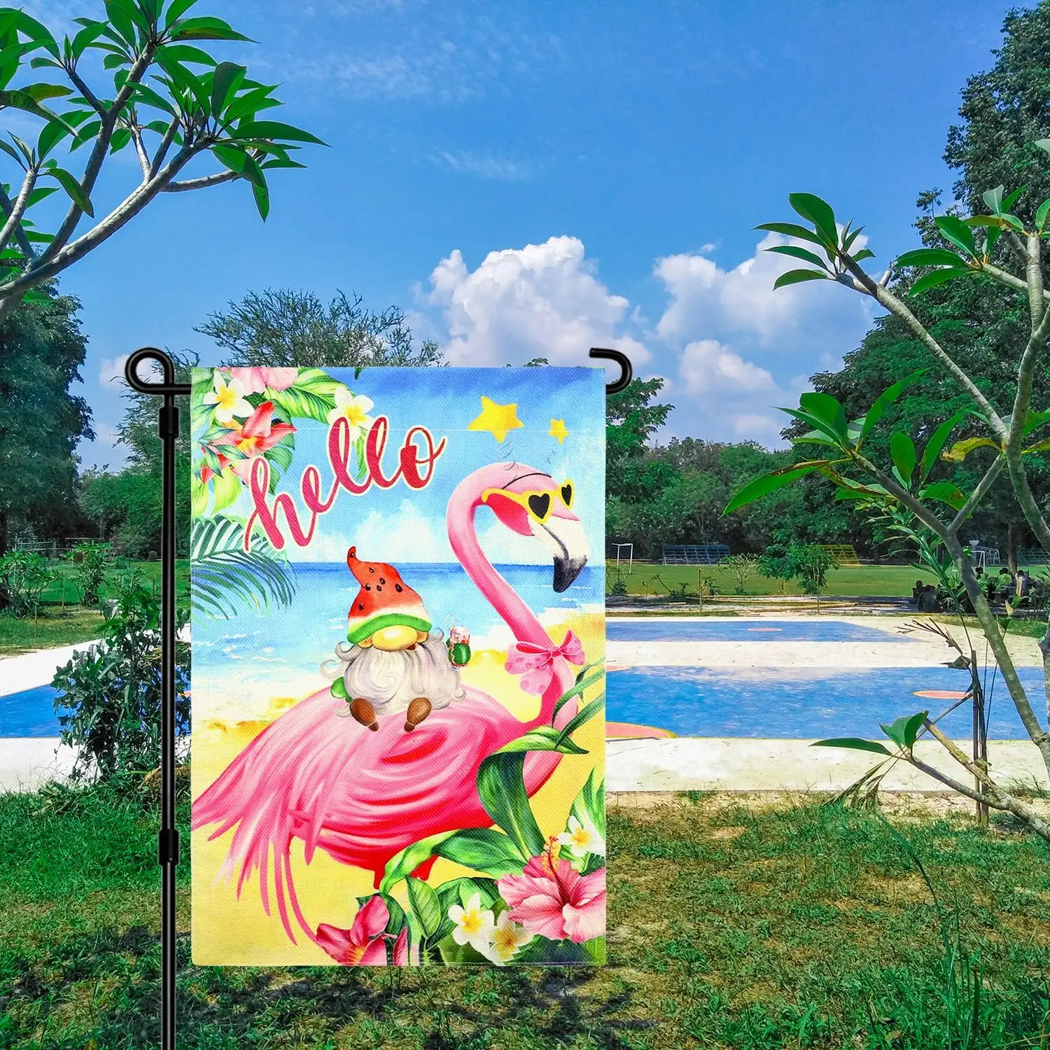 Фото Флаг для сада Dohia Hello Summer Flamingo 12x18, вертикальный, двусторонний, с гавайским морским пейзажем, для пляжной вечеринки, баннер для двора, сезонный, для улицы WZZ №4