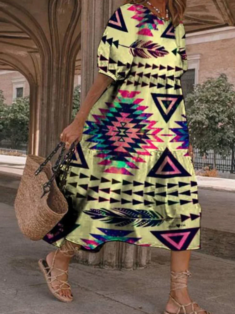 

Женское пляжное платье с круглым вырезом, свободное винтажное платье с геометрическим принтом, с коротким рукавом-фонариком, офисные плать...