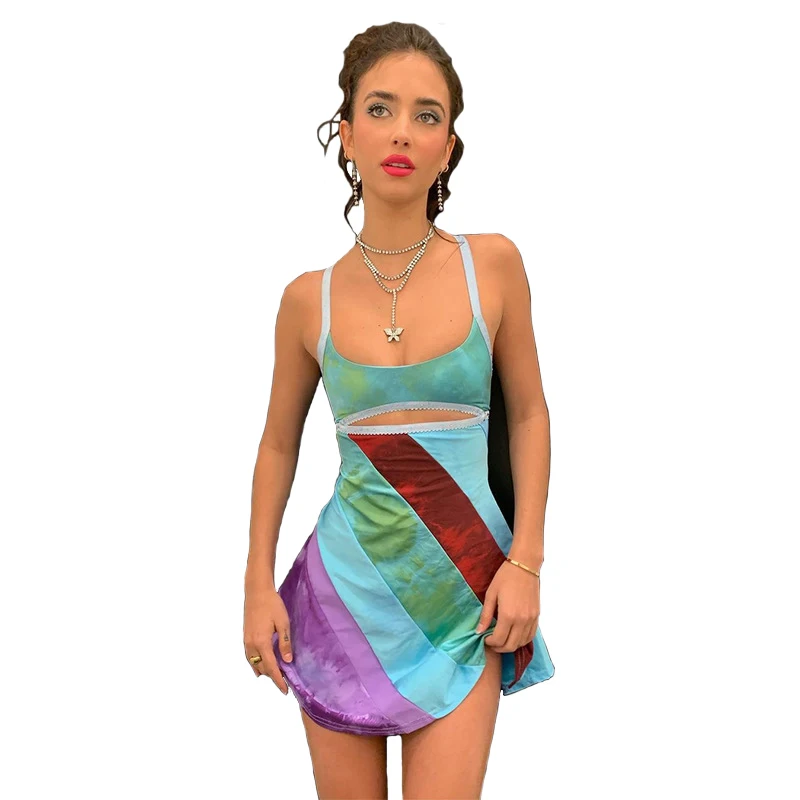

Women Summer New National Style A-Line Colorful Printed Slip Dress Low Chest Slim Sweet Hollow Preppy Style Mini Skirt