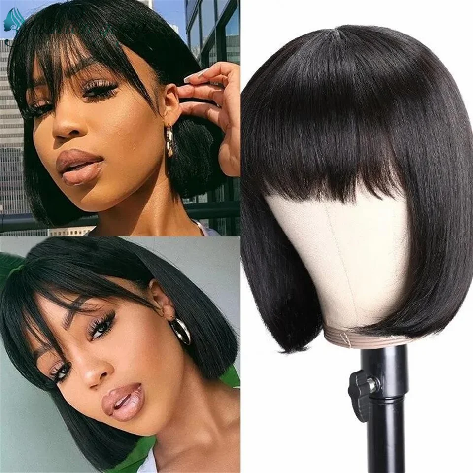 

Smooth Short Melons Wig with Bang Full Machine Made Wig 100 % Peruvian Human Hair Prostheses for Women Straight High Density Wig