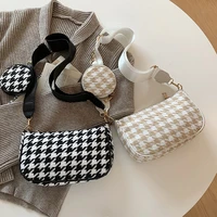female vintage plaid printing shoulder bags with mini round purse pendant women bags casual small crossbody bags 2pcs composite