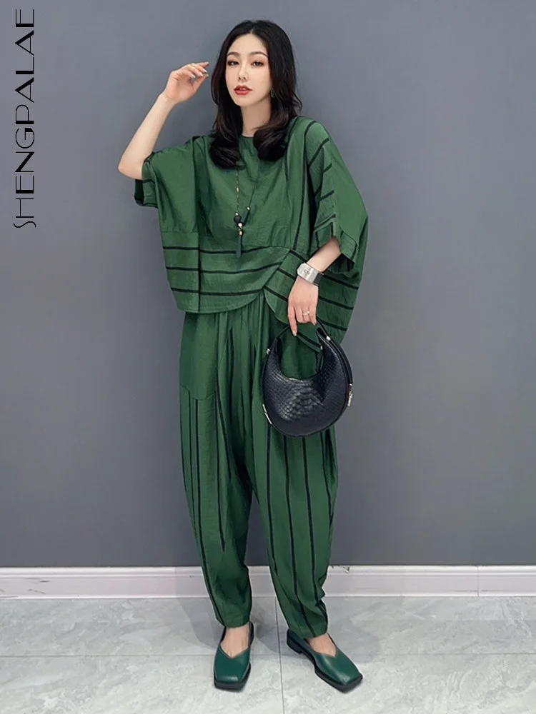 

SHENGPALAE 2 Piece Set Korean Fashion Elegant Chic Short Sleeve Shirt Casual Loose Pants For Women 2023 Autumn New Clothes R3034