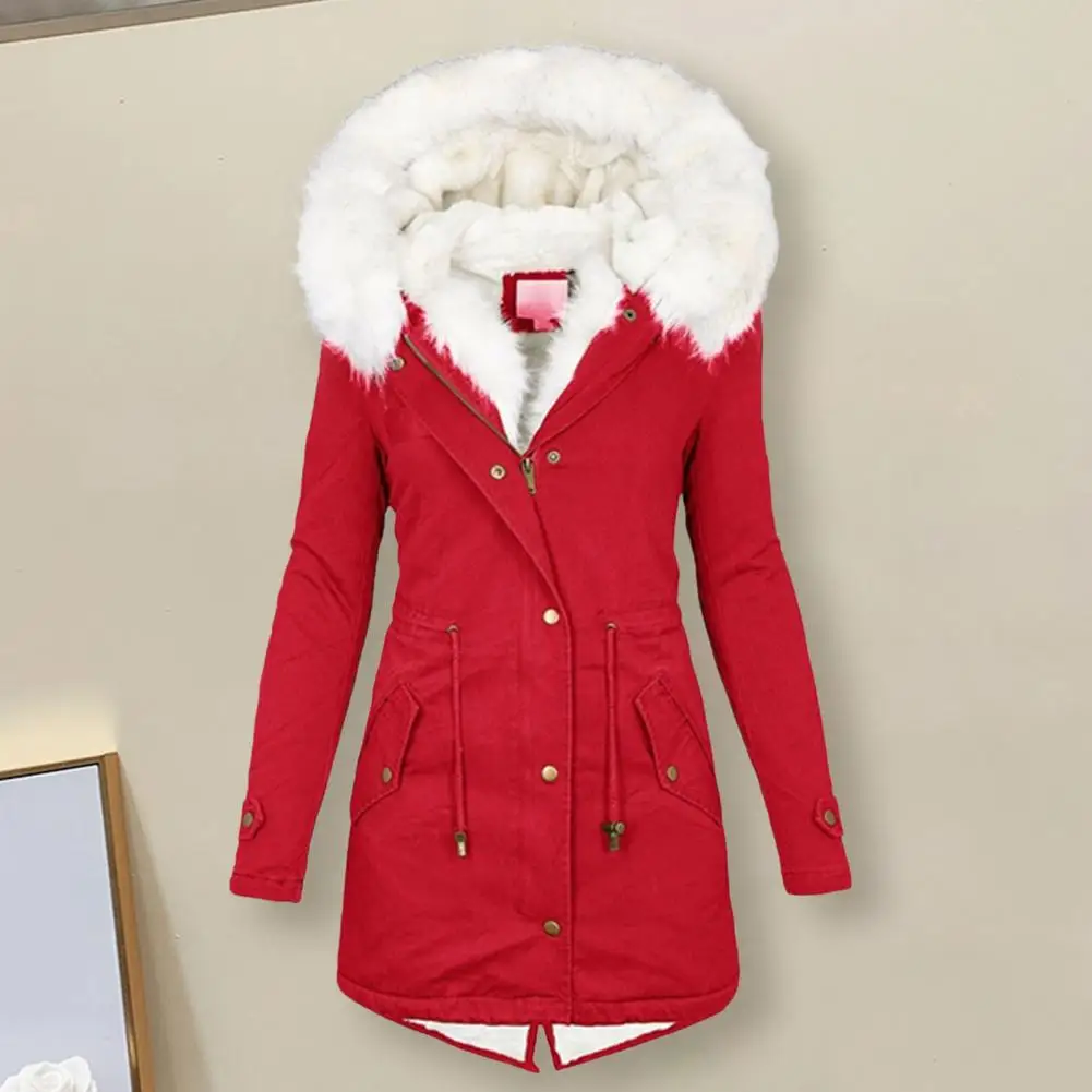 Removal Faux Fur Collar Long Sleeve Waist Drawstring Zipper Buttons Closure Back Split Pockets Women Coat Autumn Winter Hooded F