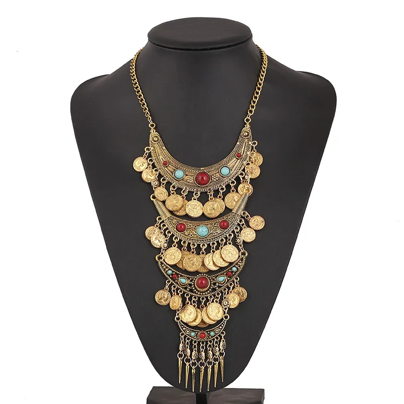 

Bohemian Vintage Gold Color Statement Indian Necklace Women's Ethnic Turquoises Necklaces Maxi Gypsy Big Choker Necklace