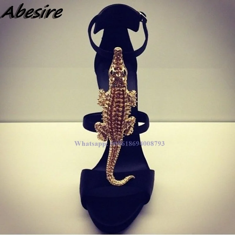 New Black Sandals Alligator Decor Open Toe Buckle Women Stilettos High Heel Sandals Metal Decor  Summer Shoes For Women Sandals