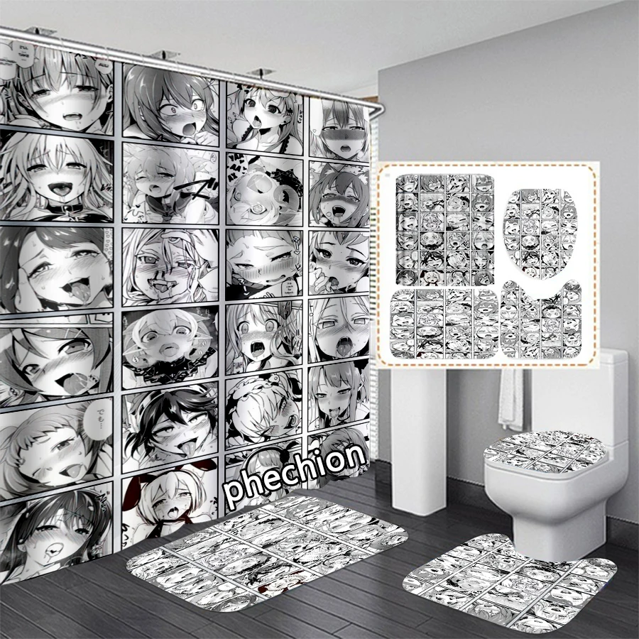 New 3D Print Anime Ahegao Shower Curtain Waterproof Bathroom Curtain Anti-slip Bath Mat Set Toilet Rugs Carpet VR81 images - 6