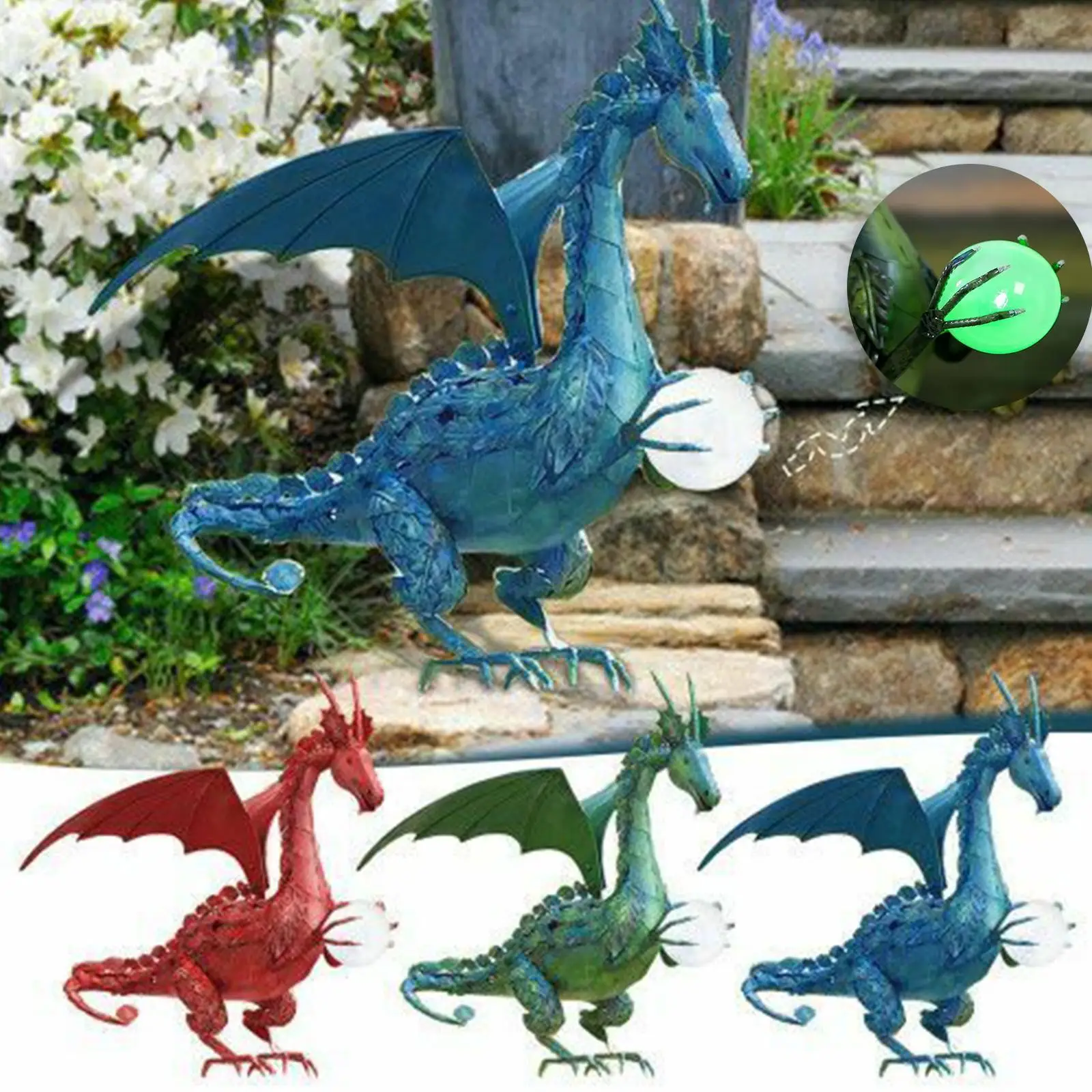 

Green Dragon Statue With Solar Pearl Outdoor Garden Statue Decoration Y9o2