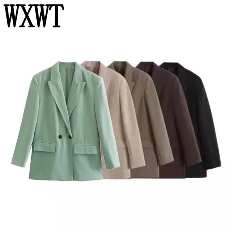 

WXWT Women Loose Double Breasted Blazer Coat Long Sleeve Pockets Female Casual Outerwear Chic Tops XX8301