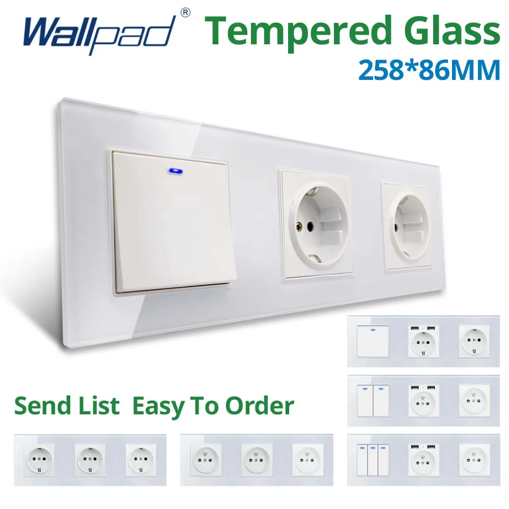 

Wallpad 258*86mm White Glass Panel Wall Light Switch LED Indicator USB EU Socket 5 6 7 8 Gang 2 Way Horizontal Vertical