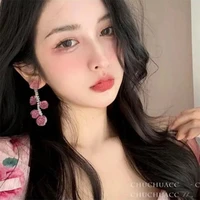 design pink roses long tassel earrings french temperament small woman earrings korean sweet nail earrings acrylic earrings