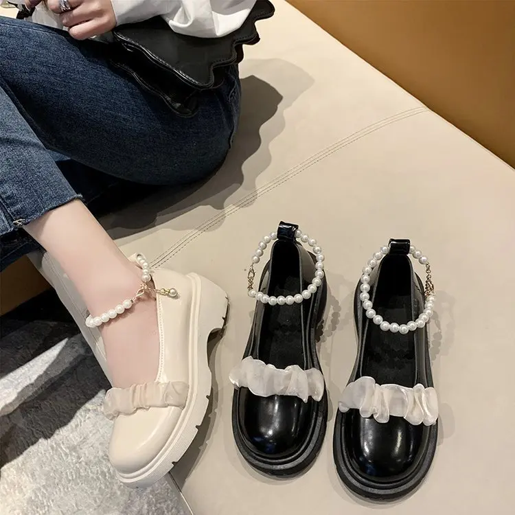 

Женские оксфорды с украшением из жемчуга, балетки из лакированной кожи на платформе с закрытым носком, летние туфли на толстой подошве с бис...