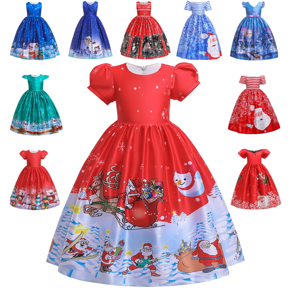 

Girls Christmas Princess Long Dress European and American New Year Children's Multiple Styles Printing Theme Party Dress