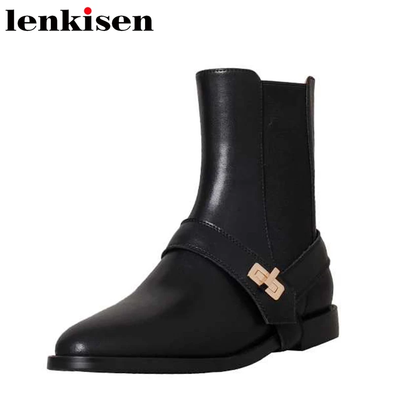 

Lenkisen New Cow Leather Round Toe Low Heels Chelsea Boots Slip on Winter Metal Decoration Catwalk Office Lady Chic Ankle Boots