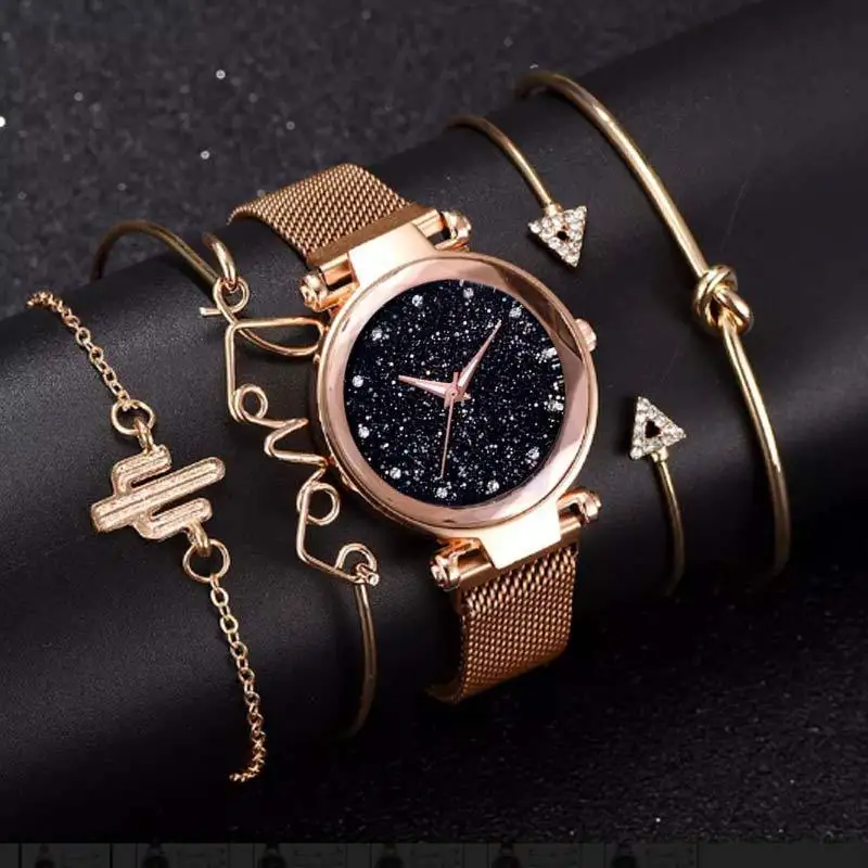 Fashion New 5 PCS Watches and Bracelets Set Women Dress Watch Magnetite gift for girlfriend zegarek damski free shiping שעון יד