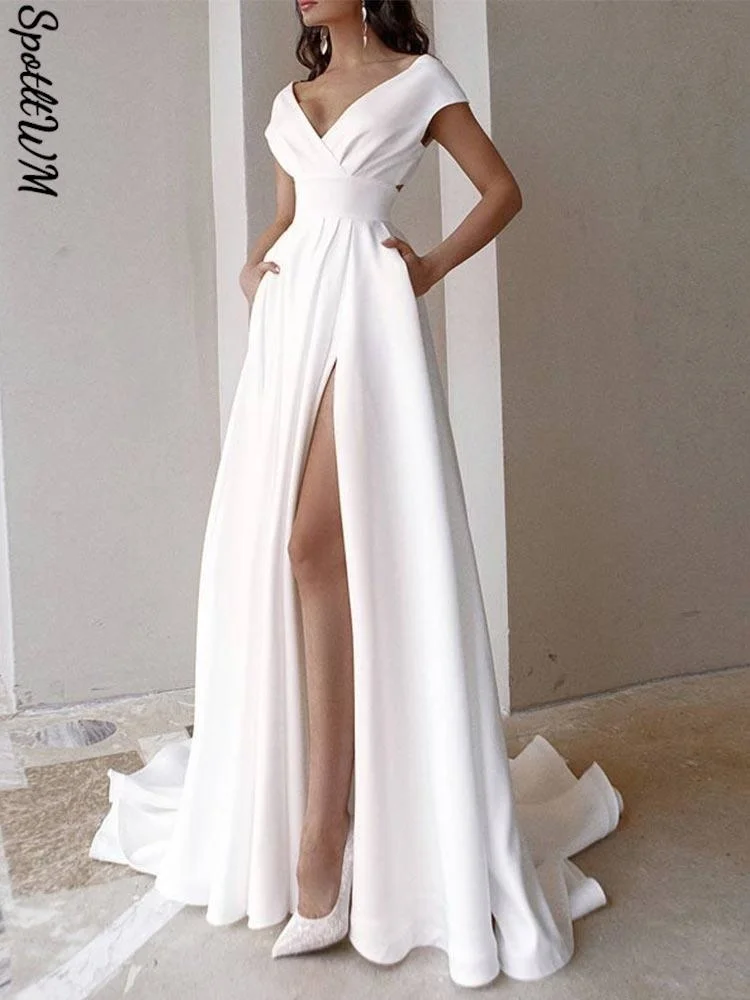 

Women Elegant Solid Slot Ruffles, Long Dress Fashion Issue 1244 Suburban v Neck Shortcut Sleeve 1240；sukienki 12412； 2023 Side E
