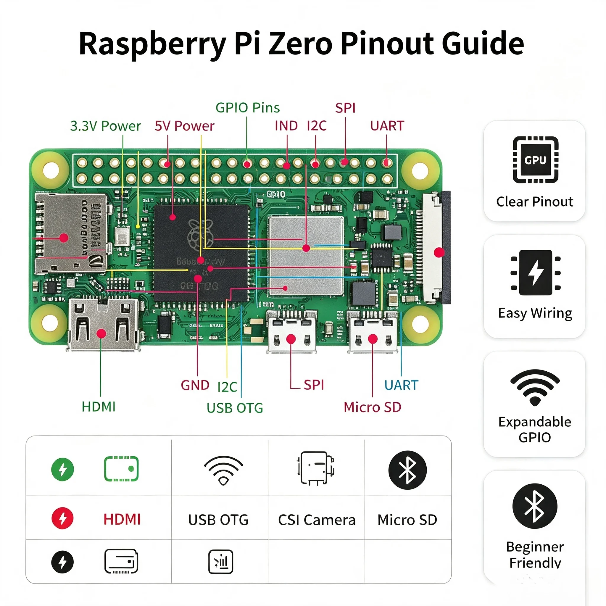 Фото Плата для разработки Raspberry Pi Zero/Zero W/Zero 2W, процессор 1 ГГц, 512 МБ ОЗУ, Wi-Fi, Bluetooth, Mini HDMI, USB OTG, GPIO, стартовый набор для DIY и IoT №3