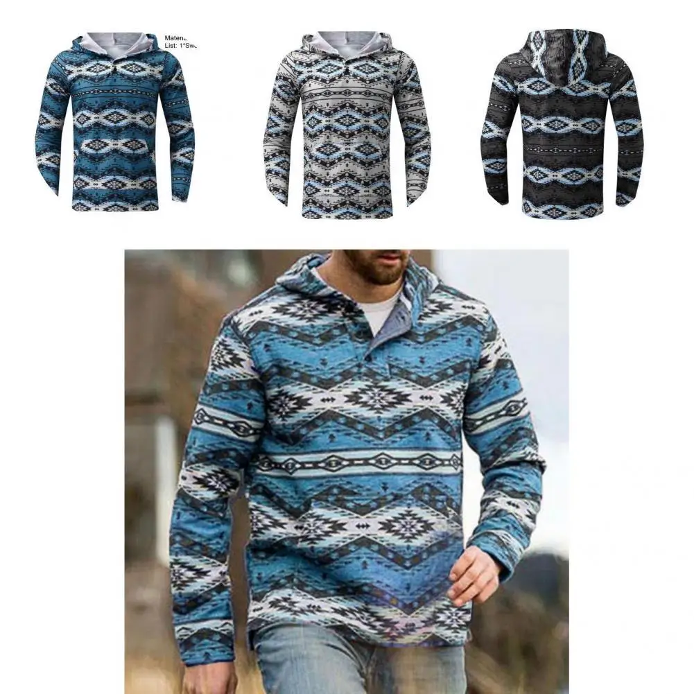

Great Male Hoodie Long Sleeve Button Geometric Print Casual Male Hoodie