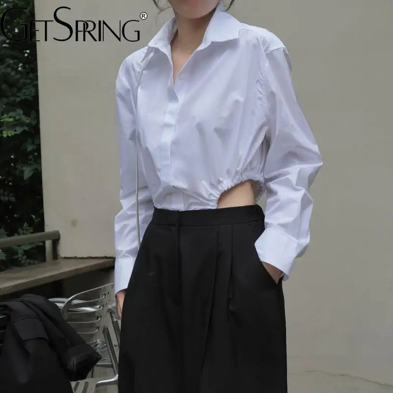 

GetSpring Women Bodysuit Early Autumn Simple Fashionable Sexy Hollow Out Sexy Ladies Tops Loose Long Sleeve One Piece Shirt 2022