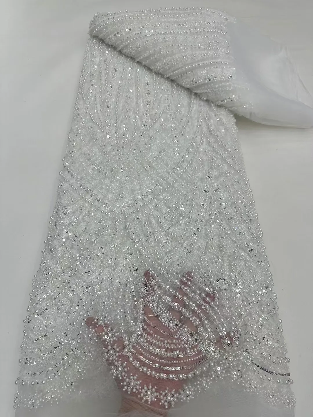 Высококачественная кружевная ткань с бисером для свадебной ткани белое