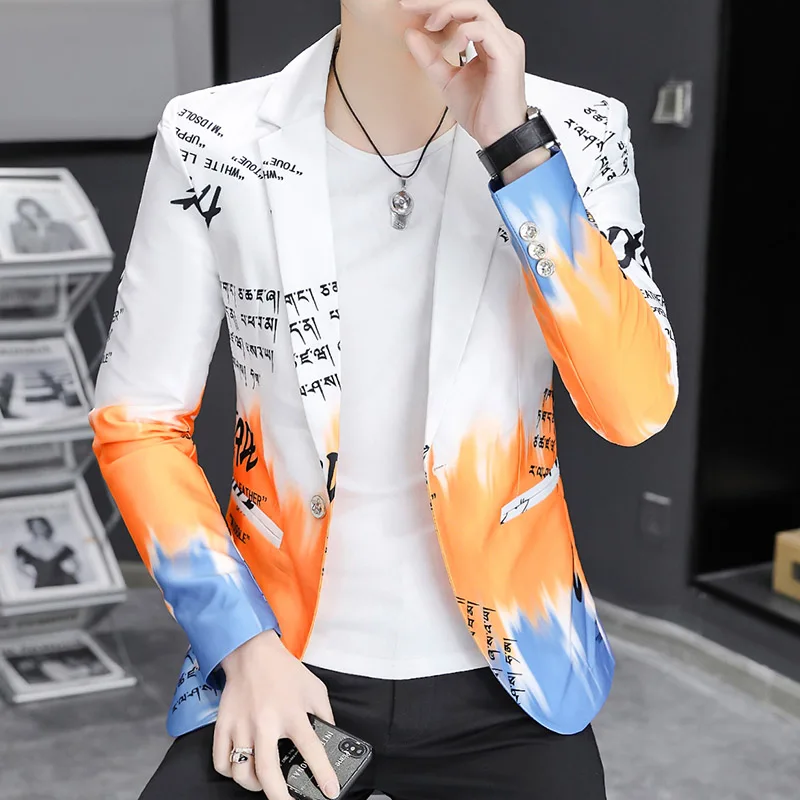 

Gradient Color Blazer 2022 Spring New Fashion Alphabet Print Suit Jacket Men Business Slim Fit Formal Social Party Tuxedo Blazer