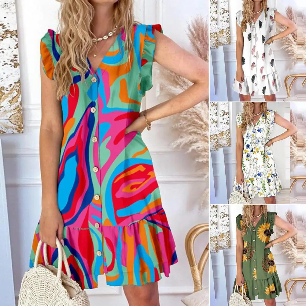 

Women Vest Type Dress Floral Print V Neck A-line Loose Hem Midi Dress Women's Summer Fashion with Flying Sleeves Single-breasted