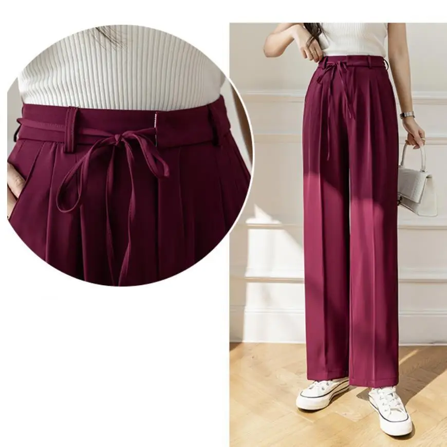 

Summer High Waist Straight Wide Leg Pants Drawstring Pleated Full Length Casual Women Trousers