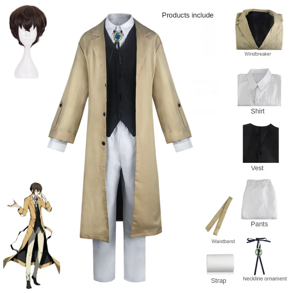 

Костюм для косплея дазай Осаму из аниме «бродячие псы», рубашка с поясом, бандаж, ветровка, брюки, парик для мужчин и женщин, костюм на Хэллоу...