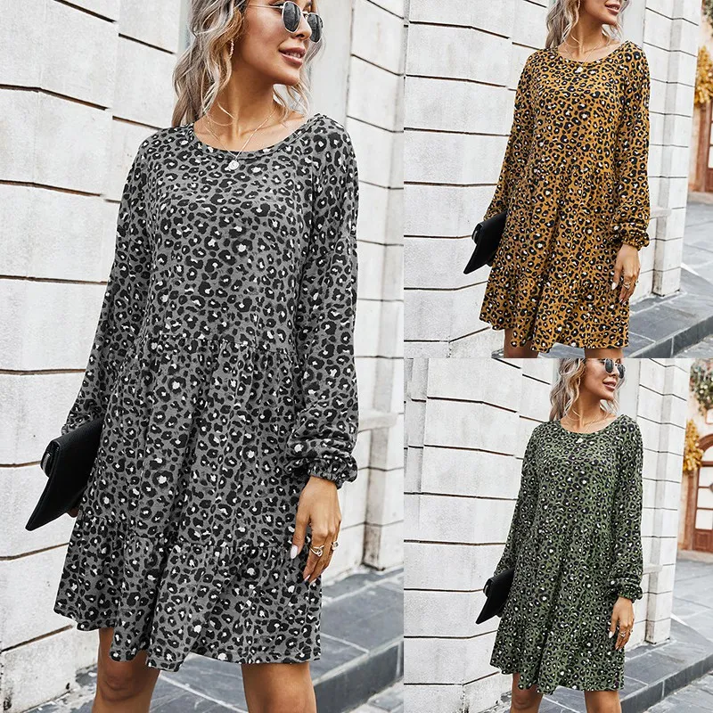 

Женское леопардовое платье с круглым вырезом, длинным рукавом