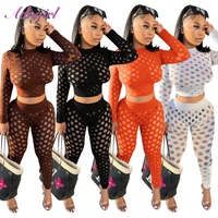 sexy fishnet 2 piece fitness sport tracksuit outfit long sleeve turtleneck crop tops leggings pants women see through party club