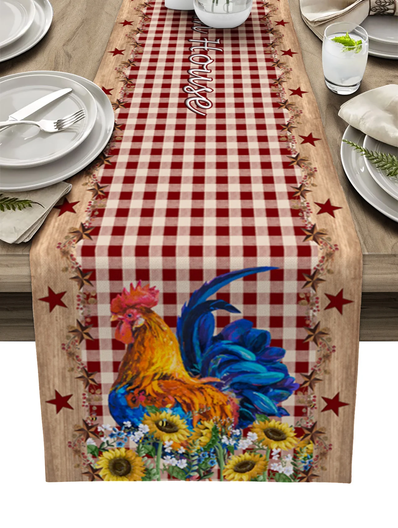 

Rustic Farm Chicken Sunflower Plaid Table Runner Home Wedding Banquet Festival Party Hotel Table Decoration Table Cover