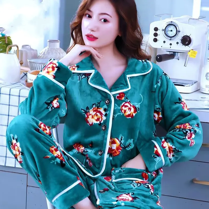 Winter Women's Pajamas Set Sexy Print Flower Pajamas 2020 Fashion Mom Casual Female Turn-down Collar Flannel Sleepwear