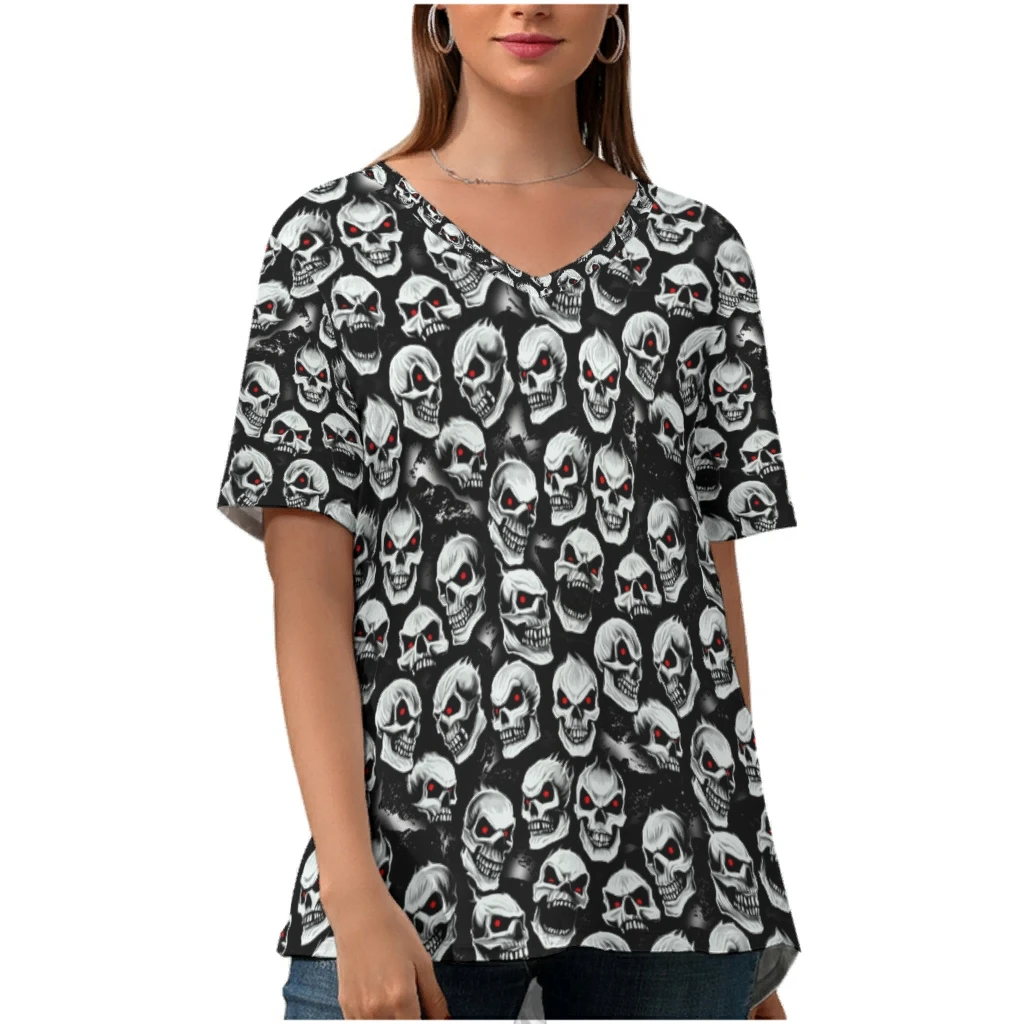 

V-Neck Short Sleeve T Shirt Women Tops 2022 Summer Polyester Casual T-Shirts Skull Print Oversized Tops Tees Women Clothing