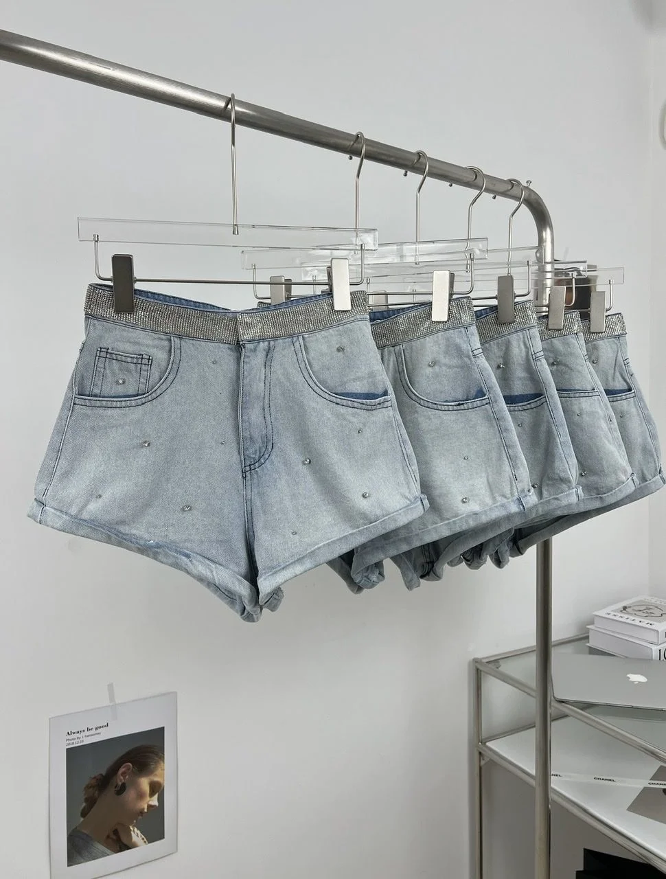 

High Waist Full Sequin Waist Wide Leg Denim Hotpant Summer Casual Women Short Jeans Shorts