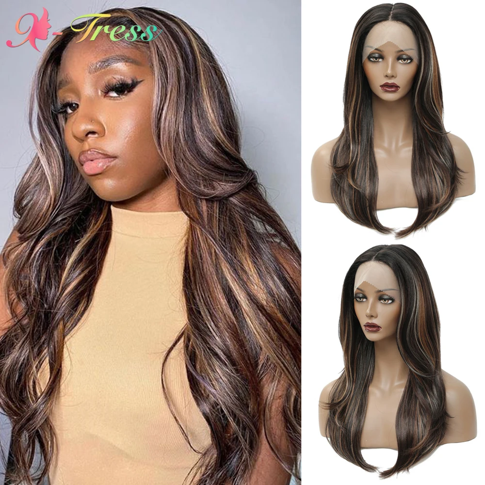 

X-TRESS Highlight Brown Synthetic Lace Front Wigs for Black Women 22 Inches Middle Part Long Wave Natural Daily Lace Hair Wig