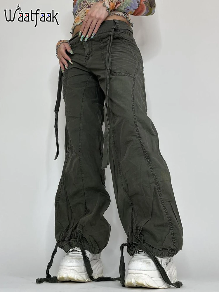 

Waatfaak Bandage Patch Vintage Baggy Green Cargo Trousers Straight Leg Retro Joggers Harajuku Low Waist Grunge Pants 90S Street