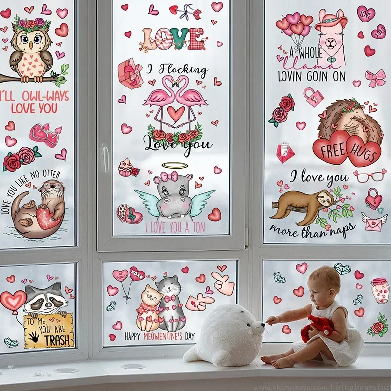 

2024 Valentine's Day Window Stickers Cartoon Animal Cat Love Valentine's Day Window Display Window Stickers Glass Wall Decor